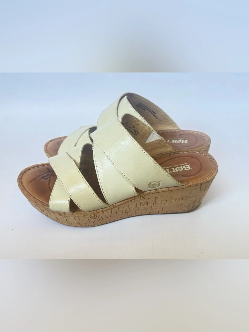 Born Cream Leather Cork Wedge Slide Sandals